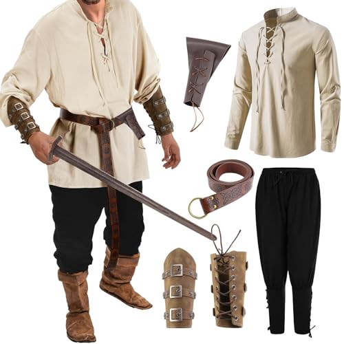 Vhersily Mittelalter Hemd Viking Kostüm Herren - 6 Stück Renaissance Viktorianisch Herren Mittelalterliche Kleidung Herren Hemd Schnürhemd Herren Lang Mittelalter Mit Hose Handgelenk Gürtel Vhersily Mittelalter Hemd Viking Kostüm Herren - 6 Stück Renaissance Viktorianisch Herren Mittelalterliche Kleidung Herren Hemd Schnürhemd Herren Lang Mittelalter Mit Hose Handgelenk Gürtel von Vhersily