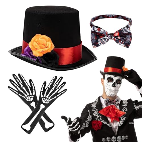 Vhjlfig Herren Kostüm Zubehör für Halloween Cosplay Halloween Skelett Kostüm Set Rose Design Kostüme für Männer Hüte für Männer Erwachsene Tag der von Vhjlfig