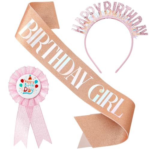 ViEinkaufen 3-teiliges Happy Birthday Girl-Stirnband-Set, Pailletten-Krone, Tiara, Schärpe, Abzeichen für Geburtstag, Mädchen, Partyzubehör von ViEinkaufen