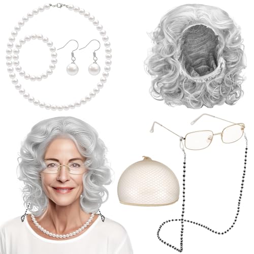 ViEinkaufen 7-teiliges Kostüm für alte Dame, graue Perücke, Oma mit Oma-Perücke, Brillenkette, Zubehör, Oma-Perücke, Kappe für Halloween, Cosplay, Weltbuchtag, Maskerade, Karneval ViEinkaufen 7-teiliges Kostüm für alte Dame, graue Perücke, Oma mit Oma-Perücke, Brillenkette, Zubehör, Oma-Perücke, Kappe für Halloween, Cosplay, Weltbuchtag, Maskerade, Karneval von ViEinkaufen
