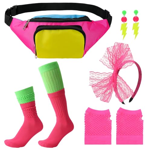 ViEinkaufen 80er-Jahre-Kostüm-Zubehör-Set für Damen, 1980er-Jahre-Kostüm, Party-Outfit, Zubehör mit neonfarbener Bauchtasche und Slouch-Socken, Ohrringen, Netzhandschuhen, Stirnband für von ViEinkaufen