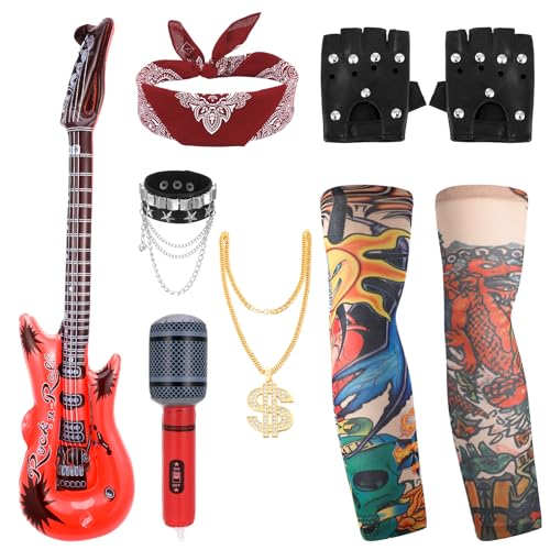ViEinkaufen 9-teiliges Rocker-Kostüm-Set, Punk, Gothic, Rockstar-Kostüm, mit Handschuhen, Bandana, Tattoo-Ärmeln, Halskette, Armband, aufblasbares Gitarren-Mikrofon für Damen, Herren, Erwachsene ViEinkaufen 9-teiliges Rocker-Kostüm-Set, Punk, Gothic, Rockstar-Kostüm, mit Handschuhen, Bandana, Tattoo-Ärmeln, Halskette, Armband, aufblasbares Gitarren-Mikrofon für Damen, Herren, Erwachsene von ViEinkaufen