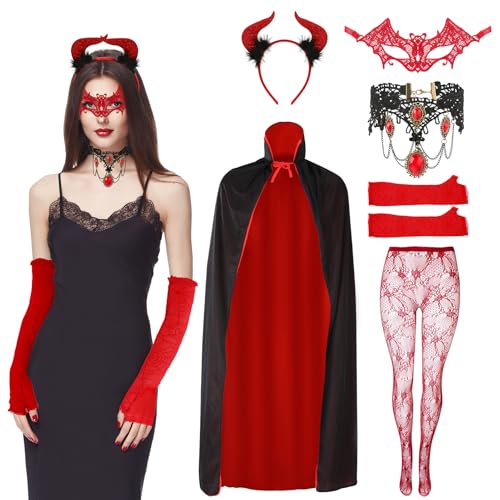 ViEinkaufen Damen Deluxe Teufel Kostüm Set, 6 Stück Gothic Umhang Outfit Set mit Reversible Cape Hörner Choker Spitze Maske Strümpfe Handschuhe für Maskeraden Festival Themenpartys von ViEinkaufen