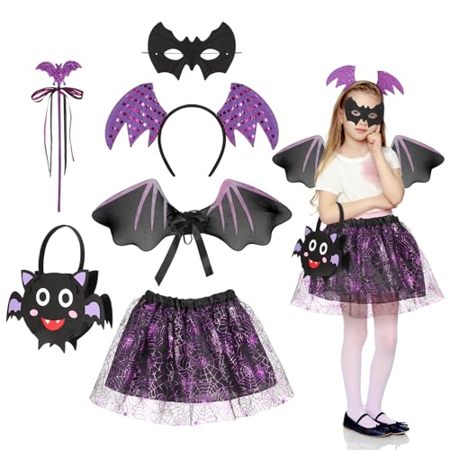 ViEinkaufen Fledermaus-Kostüm für Kinder mit schwarzen Flügeln, Tutu-Rock, Augenmaske, Stirnband, Zauberstab, Süßigkeitentasche, Fledermaus-Kostüm für Kinder, Halloween, Party, Weltbuchtag von ViEinkaufen