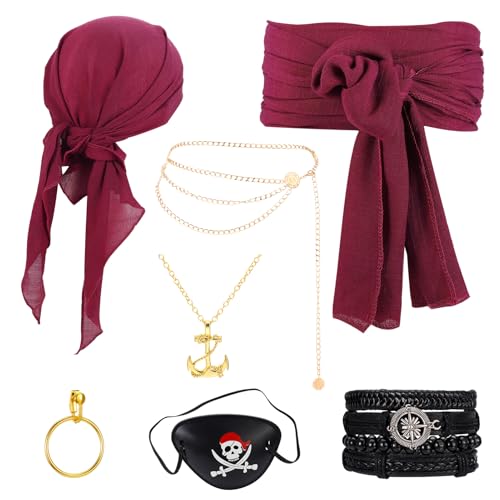 ViEinkaufen Piraten-Kostüm-Zubehör-Set, Mittelalter-Renaissancestil mit Kopftuch, Schärpe, Gürtel, Augenklappe, Armbänder, Ohrringe, Taillenkette, Anker-Halskette für Mottopartys, Festivals, Cosplay von ViEinkaufen