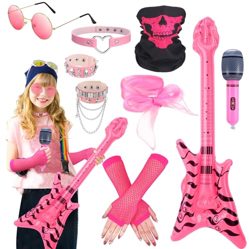 ViEinkaufen Rockstar-Kostüm-Set für Kinder, Rockstar-Kostüm-Set, schweres Metall, Halsband, Bandana, aufblasbare Gitarre, Punk-Zubehör für Karneval, 80er-Jahre, Disco-Party, 10-teilig ViEinkaufen Rockstar-Kostüm-Set für Kinder, Rockstar-Kostüm-Set, schweres Metall, Halsband, Bandana, aufblasbare Gitarre, Punk-Zubehör für Karneval, 80er-Jahre, Disco-Party, 10-teilig von ViEinkaufen