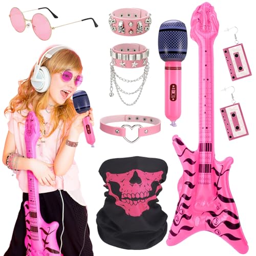 ViEinkaufen Rockstar-Kostüm-Zubehör-Set für Kinder, Rockstar-Kostüm-Zubehör-Set, Schwermetall-Halsband, Armbänder, Ring, Bandana, aufblasbares Gitarren-Mikrofon, Punk-Zubehör für Karneval, 80er-Jahre von ViEinkaufen