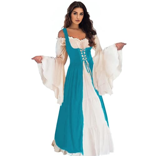 Vianinfalo Renaissance-Kleid für Damen, irisches Mittelalter-Piratenkostüm, Renaissance-Kleid, Halloween-Kostüm, Ozeanblau, XX-Large-3X-Large von Vianinfalo