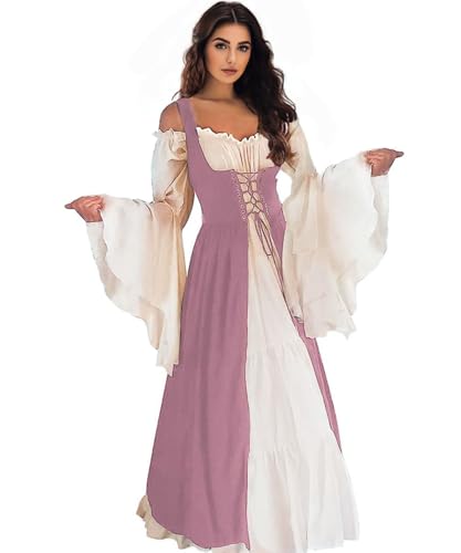 Vianinfalo Renaissance-Kleid für Damen, irisches Mittelalter-Piratenkostüm, Renaissance-Kleid, Halloween-Kostüm, Pink, S-M von Vianinfalo
