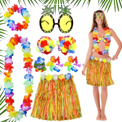 Vibbang 8 Stück Hawaii Hula Rock Party Costume Set mit Hawaii-Leis, Hawaii Blumen Kette Stirnband, Armband, Ananas-Brille für Erwachsene Damen Kinder Sommer Strand Tropische Party Outfit Dekoration von Vibbang
