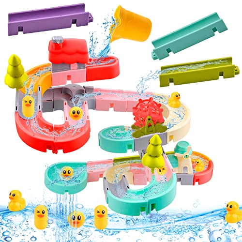 Vibbang 62 Stück Badespielzeug, DIY Badewannenspielzeug, Kinder Wasserspielzeug Dusche, mit Kugelbahn Wassermühle Kleine Gelbe Ente Saugnäpfe, Wasserspielzeug Kinder Badespaß, für Kleinkinder Babys von Vibbang