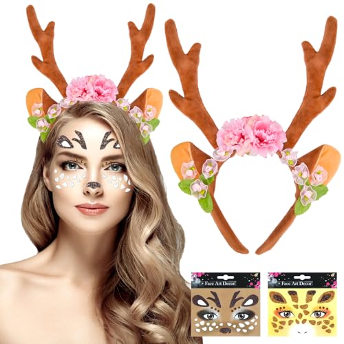 Vibbang Rentier Haarreif Reh Kostüm Damen Karneval Kostüm Damen, Rentier Kostüm, Mardi Gras Weihnachten Halloween Kostüme Cosplay Party Hirsch Kostüm Zubehör Rentier Gesicht Aufkleber von Vibbang