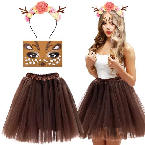 Vibbang Rentier Kostüm, Reh Kostüm Damen, Hirsch Blumenstirnband und Tüllrock Braun, Karneval Cosplay Kostüm mit Gesichtsaufkleber, Elch Cosplay für Party, Karneval, Mottoparty Vibbang Rentier Kostüm, Reh Kostüm Damen, Hirsch Blumenstirnband und Tüllrock Braun, Karneval Cosplay Kostüm mit Gesichtsaufkleber, Elch Cosplay für Party, Karneval, Mottoparty von Vibbang