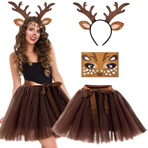 Vibbang Rentier Kostüm, Reh Kostüm Damen, Hirsch Blumenstirnband und Tüllrock Braun, Karneval Cosplay Kostüm mit Gesichtsaufkleber, Elch Cosplay für Party, Karneval, Mottoparty von Vibbang