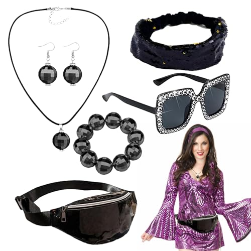 Disco-Stirnband der 70er Jahre, Armband mit Discokugel, Ohrringe, Gürteltasche, Zubehör für Disco-Kostüme für Damen, Zubehör für Kostüme der 6er Jahre Disco-Stirnband der 70er Jahre, Armband mit Discokugel, Ohrringe, Gürteltasche, Zubehör für Disco-Kostüme für Damen, Zubehör für Kostüme der 6er Jahre von Vibhgtf