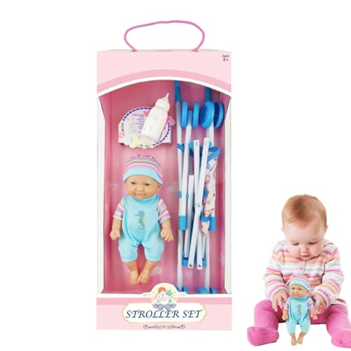 Faltbares Puppenwagen-Set – 25,4 cm (10 Zoll), faltbare Puppenpuppen-Set | Doll Carroller Simulation Neugeborene 10 Zoll Baby Vinyl | Flasche von Vibhgtf