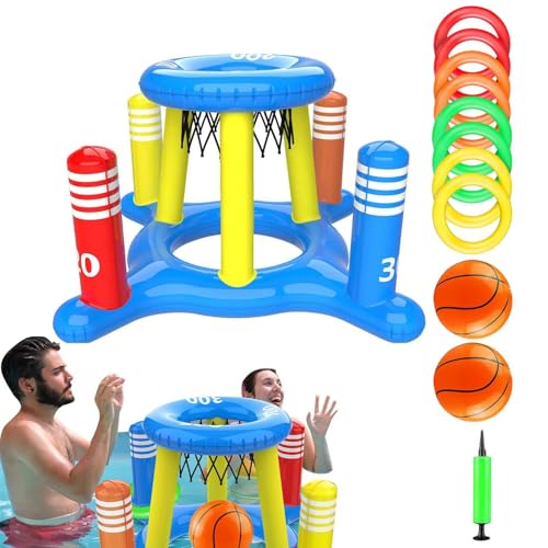Pool-Basketballkorb – Multifunktionales Poolspielzeug-Set, aufblasbarer 2-in-1-Pool-Basketballreifen mit 8 Wurfringen, Wasserspiel für Kinder im Freien von Vibhgtf