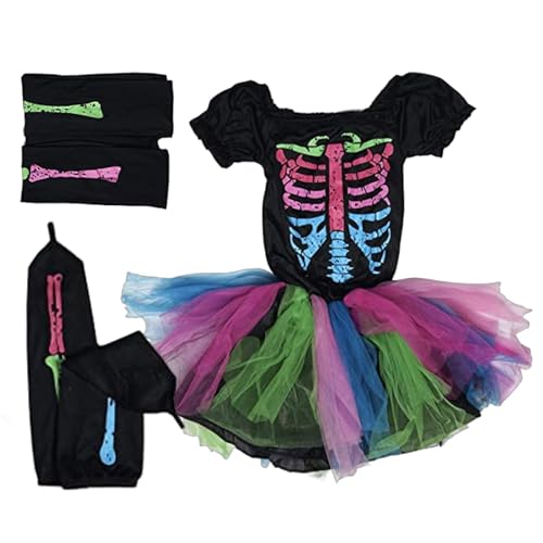 Vibhgtf Mädchen-Halloween-Kostüm, Skelett-Kostüm für Kinder - Buntes Halloween-Skelett-Kostüm - Kleid für Mädchen und Kinder, Skelettkostüm für Halloween-Party von Vibhgtf