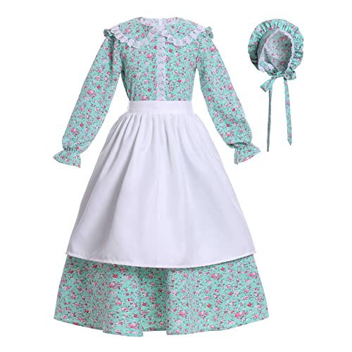 Vibsion Mädchen Pionier Prärie Kostüm Pilgerkleid Kinder Floral Kolonial Dorf Mädchen Kostüme Motorhaube Schürze Set von Vibsion