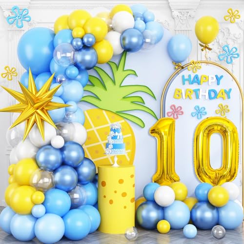 10 Geburtstag Schwamm Thema Luftballons Bogen, Blau Gelb Weiß Klar Ballon Girlande Kit mit Gold Zahl 10 Ballon Turm Stern Folienballons für 10 Jahre alte Jungen Cartoon Schwamm Geburtstag Party von Vibzox