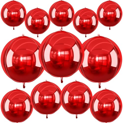 12 Stück rote runde Folienballons, 55,9 cm, 38,1 cm, 25,4 cm, 4D-Ballons, metallischer roter Folienballon für Hochzeit, Geburtstag, Abschlussfeier, Weihnachten, Neujahr, Party-Dekoration, Hintergründe von Vibzox