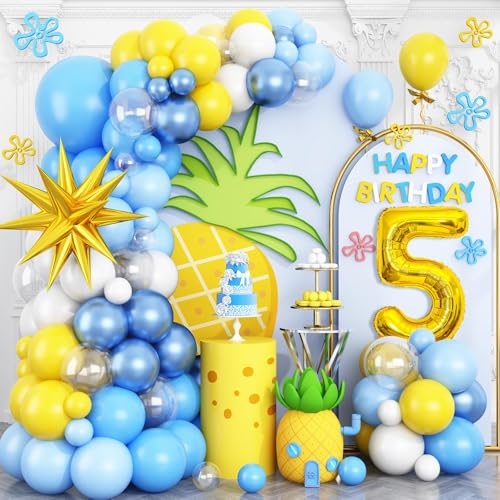 5. Geburtstag Schwamm Thema Luftballons Bogen Blau Gelb Weiß Klar Luftballons Girlande Kit mit Gold Zahl 5 Ballon Turm Stern Folienballon für 5 Jahre alte Jungen Cartoon Schwamm Geburtstag Party von Vibzox
