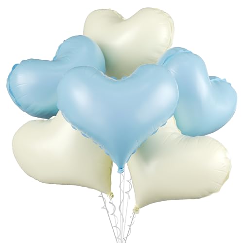 Blau-weiße Herzballons, 6 Stück, 61 cm, große, cremeweiße Herz-Folienballons für Geburtstag, Babyparty, Jahrestag, Party-Dekoration von Vibzox