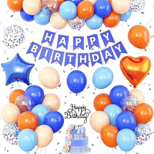 Blaue und orangefarbene Geburtstagsdekoration, königliches hellblaues und orangefarbenes Dekor, Happy Birthday-Banner, Tortenaufsatz, Stern-Herz-Folienballon für Kinder, Weltraum-Mottoparty Blaue und orangefarbene Geburtstagsdekoration, königliches hellblaues und orangefarbenes Dekor, Happy Birthday-Banner, Tortenaufsatz, Stern-Herz-Folienballon für Kinder, Weltraum-Mottoparty von Vibzox