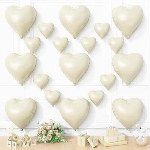 Cremefarbene Herzballons, cremeweiße Herzballons, 45,7 cm mit 25,4 cm nackter neutraler Helium-Folienballon, Liebesballon für Geburtstag, weiße Hochzeit, Valentinstag, Jahrestag, Dekoration, 19 Stück von Vibzox