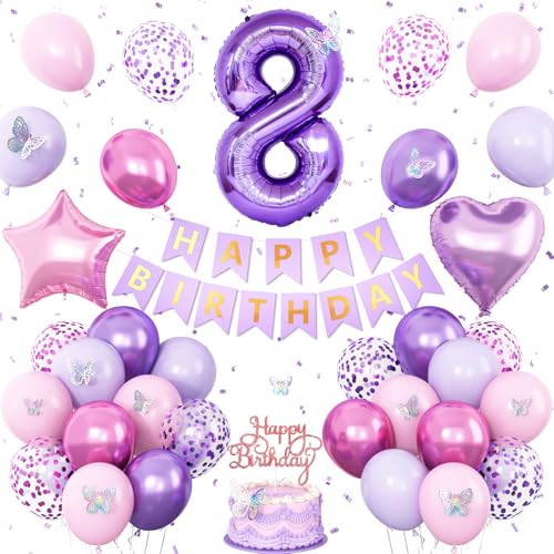 Dekoration zum 8. Geburtstag für Mädchen, rosa lila 8. Schmetterling, Partydekoration, 8 Geburtstagsballons, rosa violett, Banner Nummer 8, Luftballons, Kuchendekoration, Schmetterlingsparty-Zubehör von Vibzox