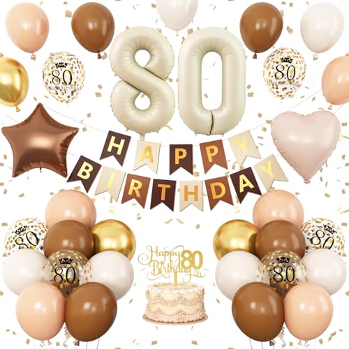 Dekoration zum 80. Geburtstag für Frauen, Sand, Weißgold, Luftballons, neutrale Zahl 80, Happy Birthday-Banner mit hautbrauner hellbrauner Folie, Stern-Herz-Ballons, Kuchendekoration Dekoration zum 80. Geburtstag für Frauen, Sand, Weißgold, Luftballons, neutrale Zahl 80, Happy Birthday-Banner mit hautbrauner hellbrauner Folie, Stern-Herz-Ballons, Kuchendekoration von Vibzox