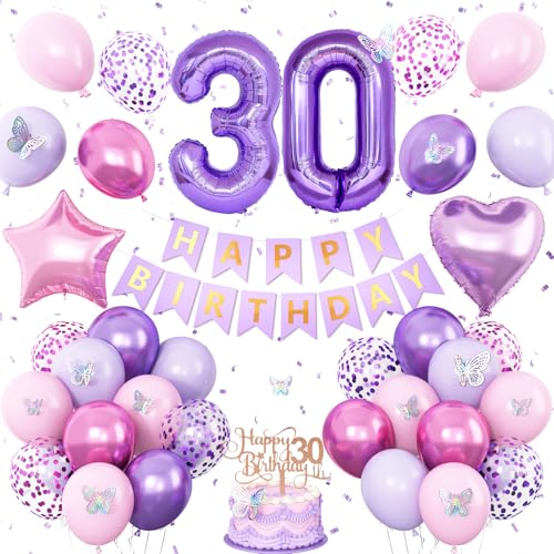 Dekorationen zum 30. Geburtstag für sie, rosa lila Luftballons zum 30. Geburtstag, Schmetterlingsparty-Dekor, Banner Nummer 30, Luftballons, Kuchendekoration, Schmetterling, 30, Party-Dekorationen für Dekorationen zum 30. Geburtstag für sie, rosa lila Luftballons zum 30. Geburtstag, Schmetterlingsparty-Dekor, Banner Nummer 30, Luftballons, Kuchendekoration, Schmetterling, 30, Party-Dekorationen für von Vibzox