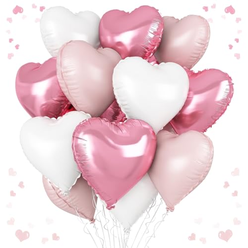 Rosa weiße Herzballons, 45,7 cm, Babyrosa und Weiß, Herzform, 12 Stück Helium-Folienballon für Geburtstag, Brautparty, Verlobung, Hochzeit, Valentinstag, Party-Dekoration von Vibzox
