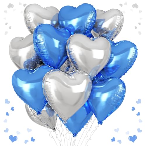 Blaue, silberne Herzballons, 45,7 cm, königsblaue und silberne Herzform, 12 Stück Helium-Folienballon für Geburtstag, Babyparty, Verlobung, Hochzeit, Party-Dekorationen von Vibzox