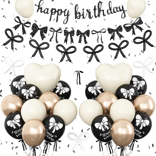 Geburtstagsdekoration, Schleife, Kokette, Party-Dekorationen mit "Happy Birthday"-Banner, schwarz, gold, sand, weiß, Schleife, Luftballons, Herz-Folienballons für Mädchen und Frauen Geburtstagsdekoration, Schleife, Kokette, Party-Dekorationen mit "Happy Birthday"-Banner, schwarz, gold, sand, weiß, Schleife, Luftballons, Herz-Folienballons für Mädchen und Frauen von Vibzox