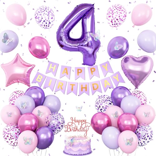 Geburtstagsdekorationen zum 4. Geburtstag, rosa und lila, 4. Geburtstag, Luftballons für Mädchen, Lavendel, Party-Dekoration, Banner Nummer 4, Kuchendekoration, Schmetterlingsparty-Dekorationen für 4 Geburtstagsdekorationen zum 4. Geburtstag, rosa und lila, 4. Geburtstag, Luftballons für Mädchen, Lavendel, Party-Dekoration, Banner Nummer 4, Kuchendekoration, Schmetterlingsparty-Dekorationen für 4 von Vibzox