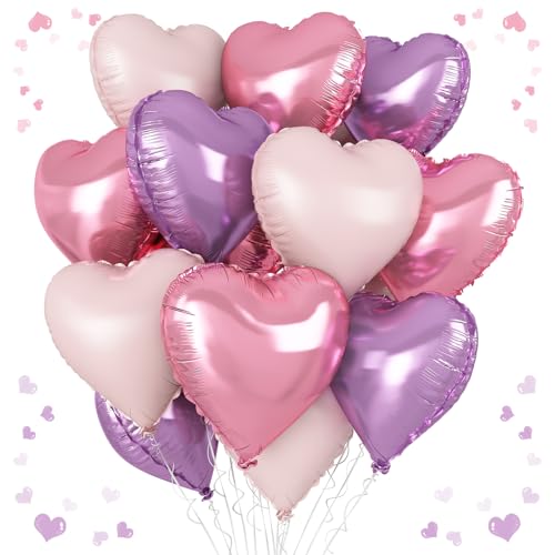 Herz-Luftballons in Herzform, 45,7 cm, hellviolett und rosa, 12 Stück pastellviolette und rosa Helium-Mylar-Herzballons für Mädchen, Geburtstag, Hochzeit, Party, Dekoration von Vibzox