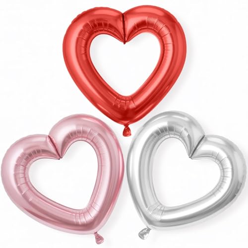 Herzballons in Rosa, Rot, Silber, 3 Stück, 101,6 cm, große Herz-Folienballons für Geburtstag, Hochzeit, Jahrestag, Party-Dekorationen von Vibzox