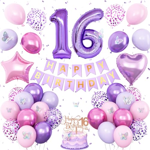 Lila Geburtstagsdekorationen zum 16. Geburtstag, Dekoration für Mädchen, Lavendel, Party-Dekoration, Zahlenballons, Kuchendekoration, Schmetterlings-Aufkleber für Mädchen, 16 Jahre alte Lila Geburtstagsdekorationen zum 16. Geburtstag, Dekoration für Mädchen, Lavendel, Party-Dekoration, Zahlenballons, Kuchendekoration, Schmetterlings-Aufkleber für Mädchen, 16 Jahre alte von Vibzox