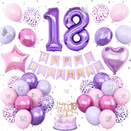 Lila Geburtstagsdekorationen zum 18. Geburtstag, rosa und lila, 18. Geburtstag, Dekorationen für Mädchen, Lavendel, Party-Dekor-Set mit Zahlen, Folienballons, Kuchendekoration Lila Geburtstagsdekorationen zum 18. Geburtstag, rosa und lila, 18. Geburtstag, Dekorationen für Mädchen, Lavendel, Party-Dekor-Set mit Zahlen, Folienballons, Kuchendekoration von Vibzox