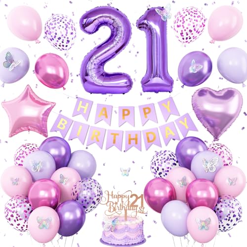 Lila Geburtstagsdekorationen zum 21. Geburtstag, 21. Geburtstag, Luftballons für Frauen, Schmetterlings-Partydekoration mit Zahl 21, Kuchendekoration, Schmetterlingsparty-Zubehör für Mädchen, 21 Lila Geburtstagsdekorationen zum 21. Geburtstag, 21. Geburtstag, Luftballons für Frauen, Schmetterlings-Partydekoration mit Zahl 21, Kuchendekoration, Schmetterlingsparty-Zubehör für Mädchen, 21 von Vibzox