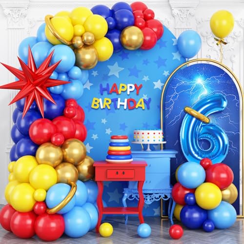 Luftballon zum 6. Geburtstag, rot, blau, gelb, blau, Zahl 6, Explosionsstern-Folienballons für Kinder, Cartoon-Party-Dekorationen Luftballon zum 6. Geburtstag, rot, blau, gelb, blau, Zahl 6, Explosionsstern-Folienballons für Kinder, Cartoon-Party-Dekorationen von Vibzox