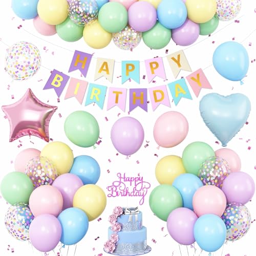 Pastellfarbene Regenbogen-Geburtstagsdekorationen, Macaron-Rosa, Blau, Lila, Grün, Gelb, bunte Konfetti-Ballons, Banner, Sterne, Herz, Folienballon für Babyparty, Verlobung, Party Pastellfarbene Regenbogen-Geburtstagsdekorationen, Macaron-Rosa, Blau, Lila, Grün, Gelb, bunte Konfetti-Ballons, Banner, Sterne, Herz, Folienballon für Babyparty, Verlobung, Party von Vibzox