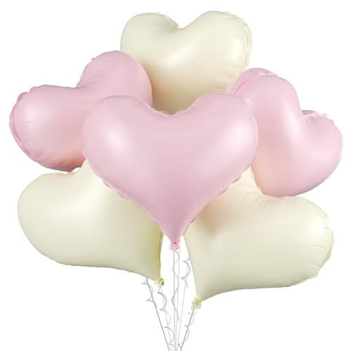 Pink-weiße Herzballons, 6 Stück, 61 cm, große, cremeweiße Herz-Folienballons für Geburtstag, Hochzeit, Babyparty, Jahrestag, Dekorationen von Vibzox