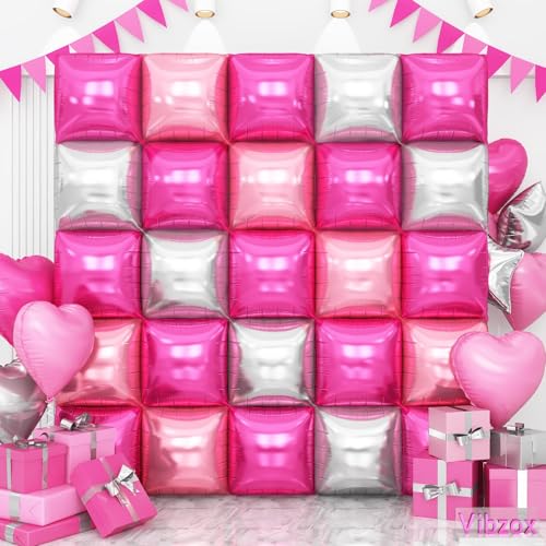 Rosa Silber doppelseitige quadratische Folienballons Wand, Chrom Silber Hot Pink Folienballons Tunnel Bogen Kit für Baby Prinzessin Motto Party Geburtstag Mädchen Baby Shower Jahrestag Hochzeit 2025 von Vibzox