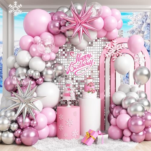 Rosa Weiß Schneeflocke Ballon Bogen Kit 108pcs Weihnachten Ballon Set Perle Rosa Weiß Metall Silber für Prinzessin Weihnachten Winter Schnee Wunderland Geburtstag Party Dekoration von Vibzox