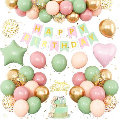 Rosa und grüne Geburtstagsdekorationen, salbeigrün, Retro-Luftballons, Dekoration, Happy Birthday-Banner, Stern-Herz, Folienballon, Kuchendekoration, Partyzubehör für Frauen, Mädchen, Jungen Rosa und grüne Geburtstagsdekorationen, salbeigrün, Retro-Luftballons, Dekoration, Happy Birthday-Banner, Stern-Herz, Folienballon, Kuchendekoration, Partyzubehör für Frauen, Mädchen, Jungen von Vibzox