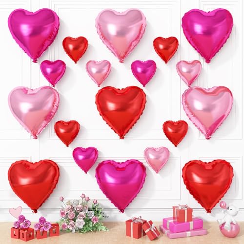 Rot-rosa Herzballons, 19 Stück hellrosa Herzballon, 45,7 cm mit 25,4 cm (10 Zoll) Helium-Mylar-Herzballon für Geburtstag, Brautparty, Hochzeit, Valentinstag, Jahrestag, Dekorationen von Vibzox