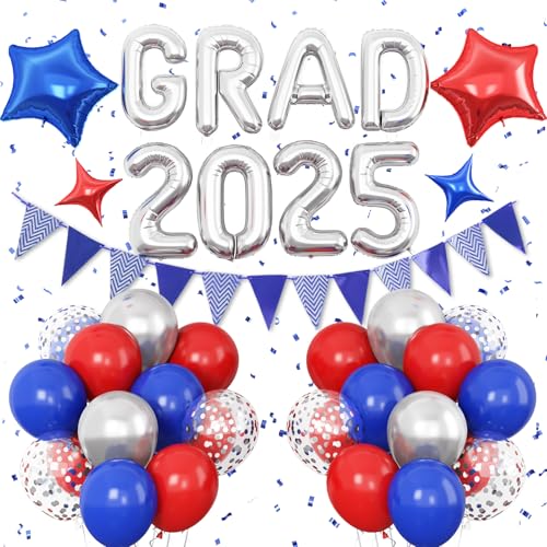 Rote und blaue Abschlussdekorationen Klasse 2025, Silber-Grad 2025 Luftballons mit roten blauen Stern-Folienballons, blau-silbernen Konfetti-Ballons und blauem Banner für Abschlussfeier 2025 von Vibzox