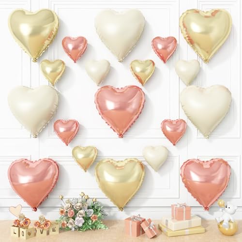 Rotgoldene, weiße Herzballons, 19 Stück, Champagner-Gold, Herzform, 45,7 cm mit 25,4 cm Gold- und Creme-Helium-Mylar-Ballon für Mädchen, Geburtstag, Babyparty, Hochzeit, Muttertag, Dekoration Rotgoldene, weiße Herzballons, 19 Stück, Champagner-Gold, Herzform, 45,7 cm mit 25,4 cm Gold- und Creme-Helium-Mylar-Ballon für Mädchen, Geburtstag, Babyparty, Hochzeit, Muttertag, Dekoration von Vibzox